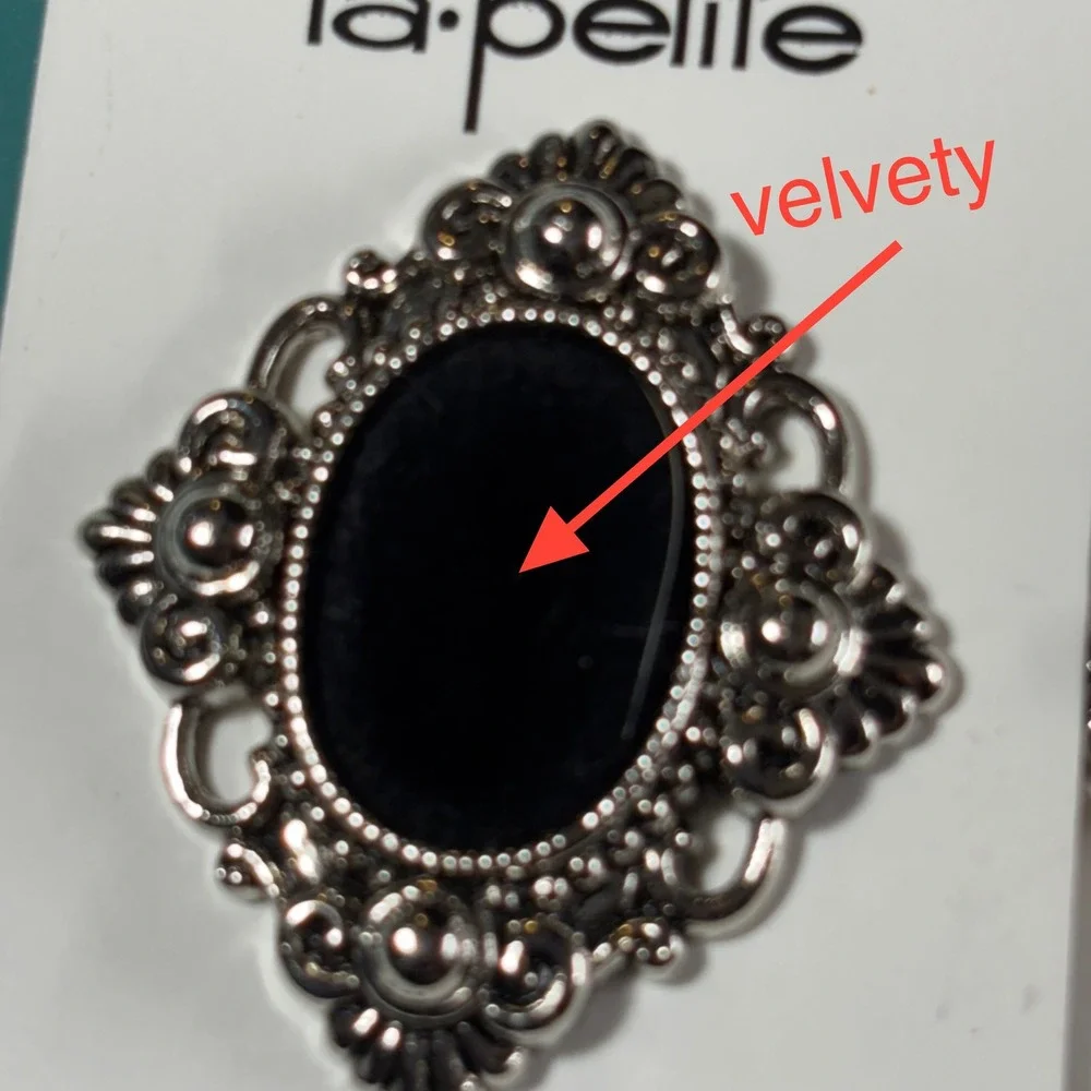 La Petite 1078 Ornate Silver Black Velvety Shank Buttons 1.75 Inch 44mm Set of 2